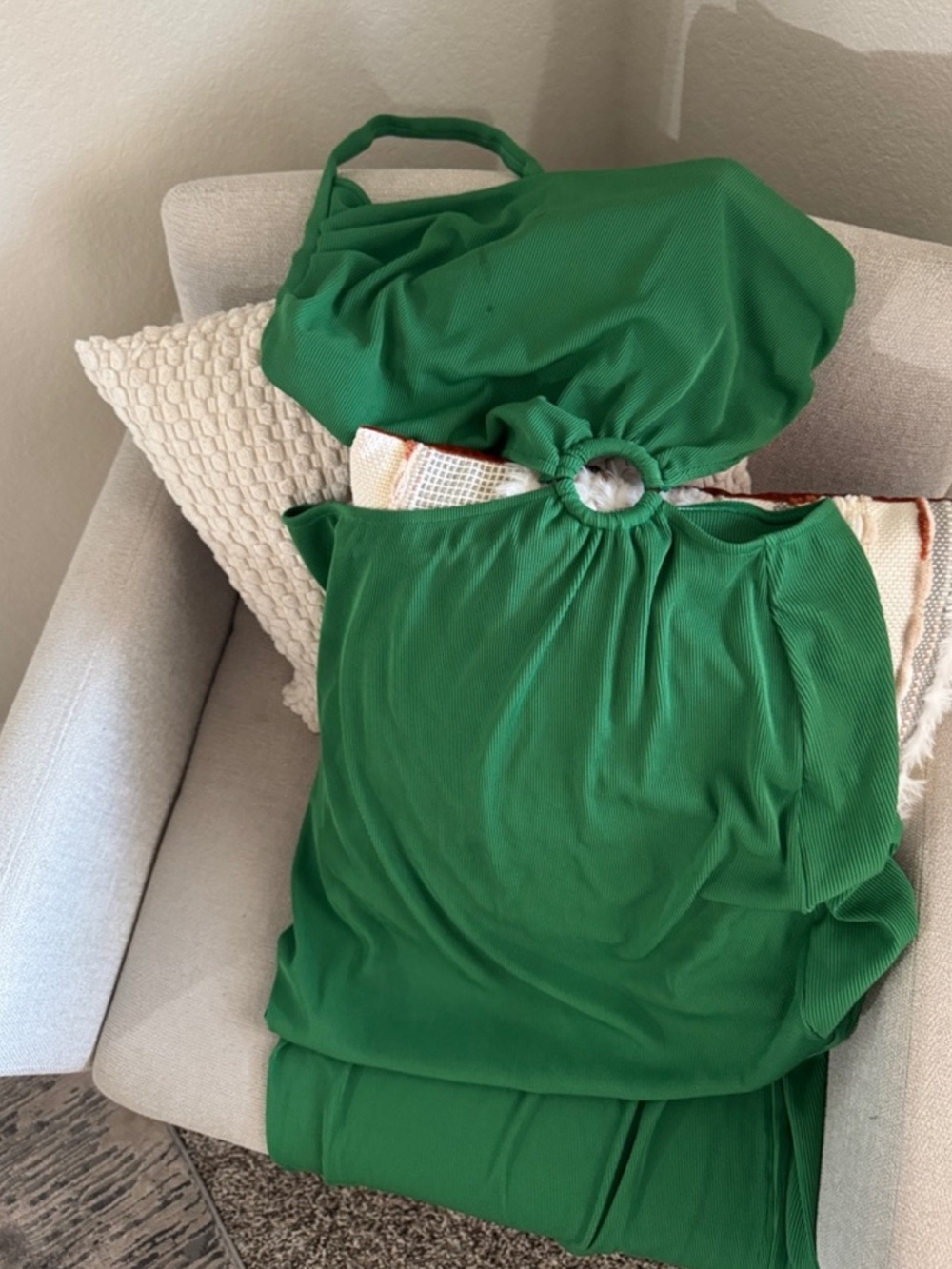 One-Shoulder Green Ring-Accent Cutout Maxi Dress